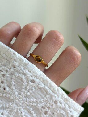 Sku0646 Gold Minimalist ring natural brown tiger stone stainless steel +gift box